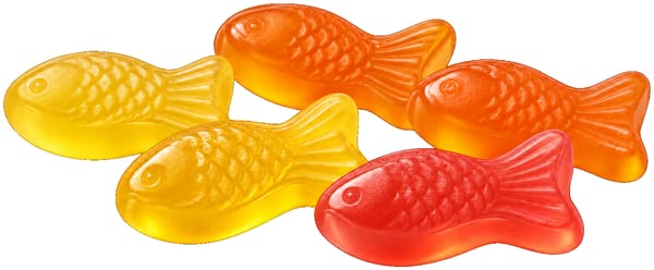 Fish-shaped omega-3 gummies in yellow, orange and red