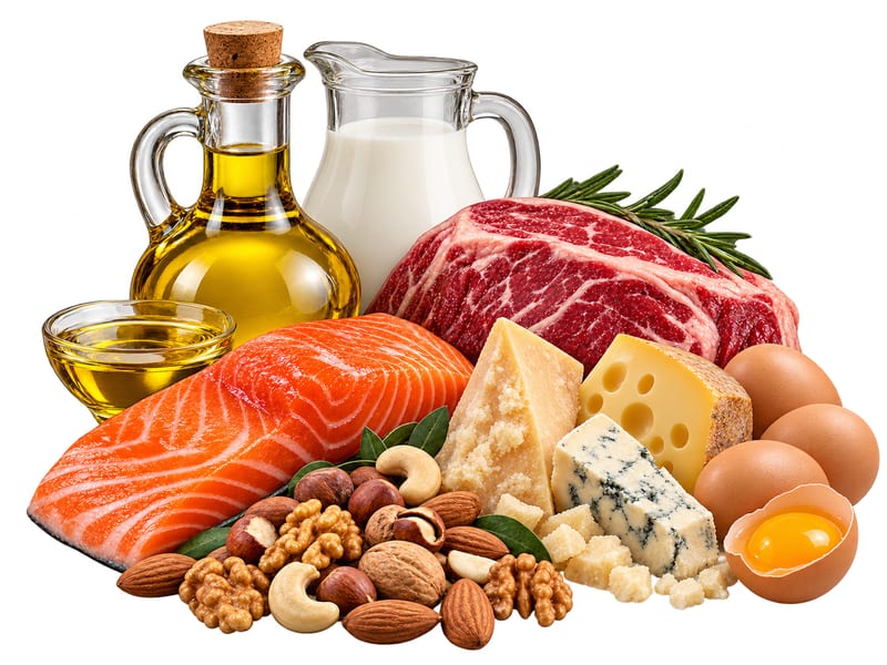 Olive oil, milk, beef, salmon, cheeses, nuts and eggs together
