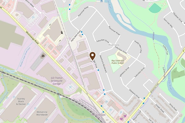Street map of 16 Falconer Drive, Mississauga, with the laboratory marked