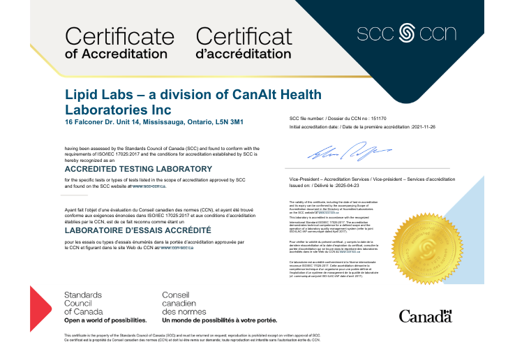Certificate of Accreditation issued by the Standards Council of Canada: ISO/IEC 17025:2017, SCC file 151170